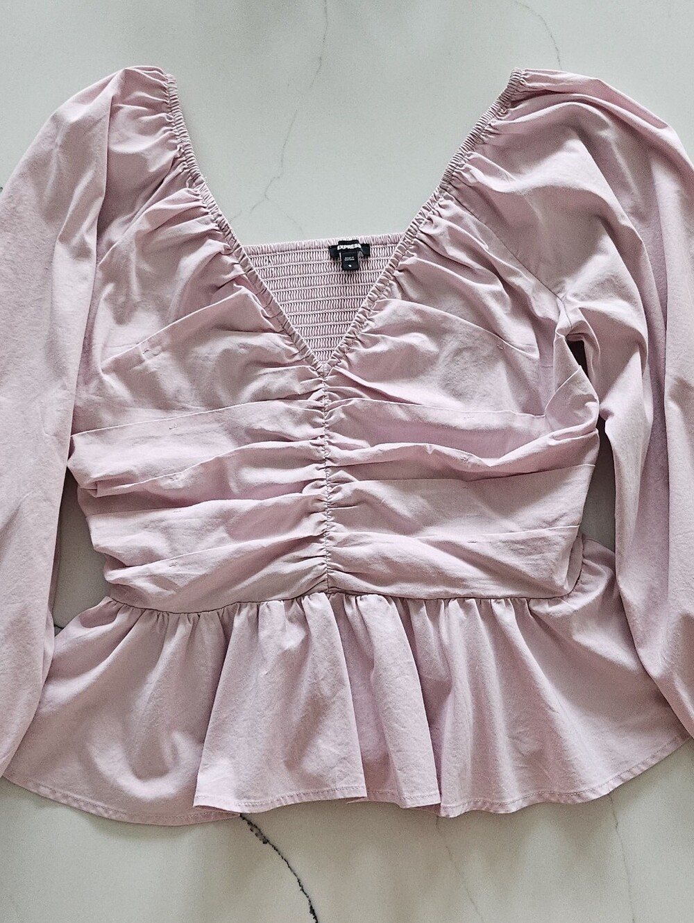 Express Light Pink V-Neck Ruched Peplum Blouse